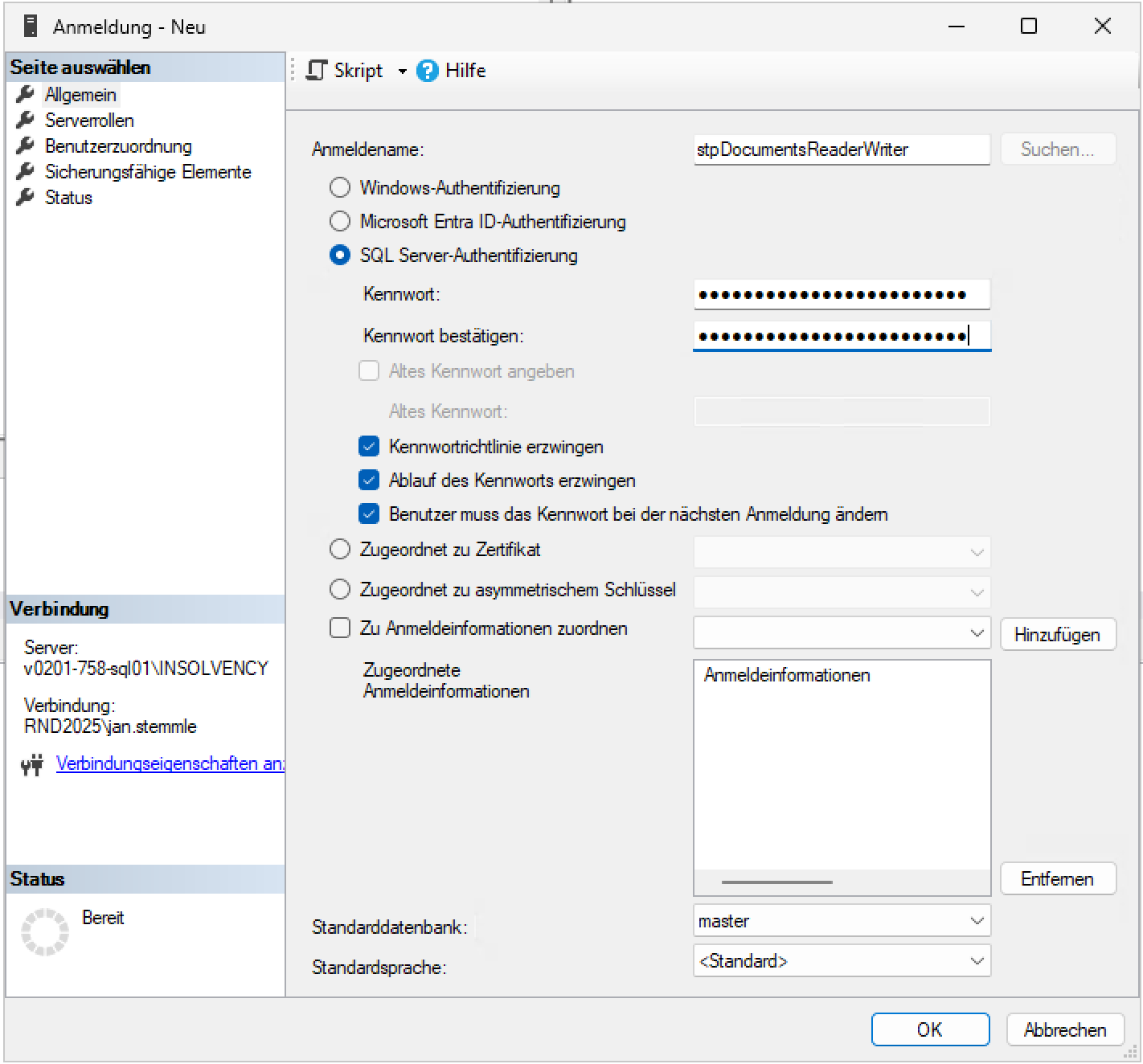 Dialog Neuer Benutzer im SQL Server Management Studio mit ausgefüllten Feldern für Loginname, Authentifizierungsmethode und Passwort. Die Umgebung zeigt das Fenster zur Erstellung eines neuen Datenbankbenutzers mit den Optionen für SQL Server-Authentifizierung und Passwortbestätigung. Die Atmosphäre ist sachlich und informativ. Im Dialog sind die Felder Loginname, Authentifizierung, Passwort und Passwort bestätigen sichtbar.