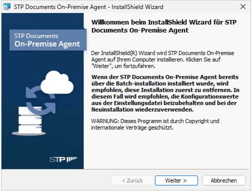 Installationsassistent für STP Documents OnPremiseAgent mit dem Titel Willkommen beim STP Documents OnPremiseAgent Setup. Der Dialog zeigt die Schaltflächen Weiter, Abbrechen und Zurück.