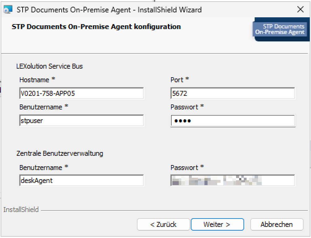Screenshot des Installationsassistenten mit Eingabefeldern für LSB- und Benutzerverwaltungsdaten. Neutrale Windows-Oberfläche, unten Navigationsschaltflächen Zurück, Weiter und Abbrechen.