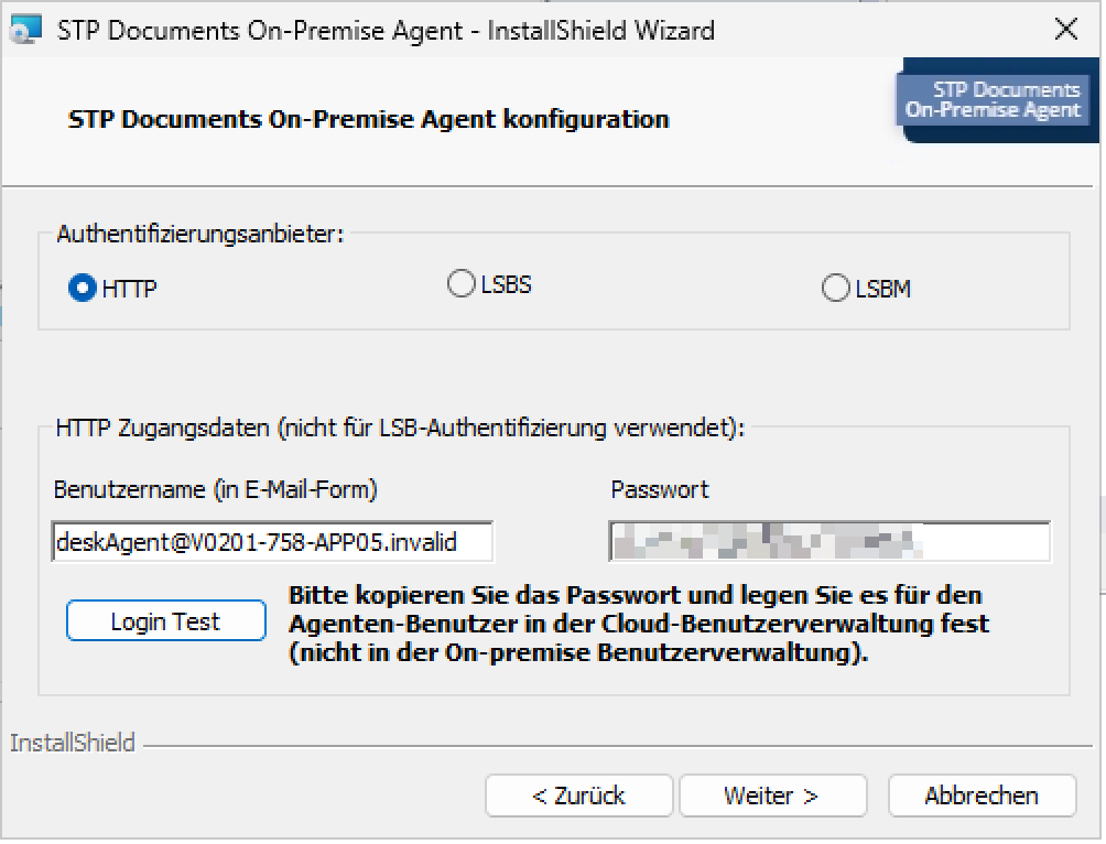 Screenshot des Installationsassistenten beim STP-Cloud-Authentifizierungsschritt mit Feldern für Authentifizierungsanbieter (HTTP ausgewählt), Benutzername (E-Mail-Form) und Passwort. Unten die Schaltflächen Zurück, Weiter und Abbrechen.