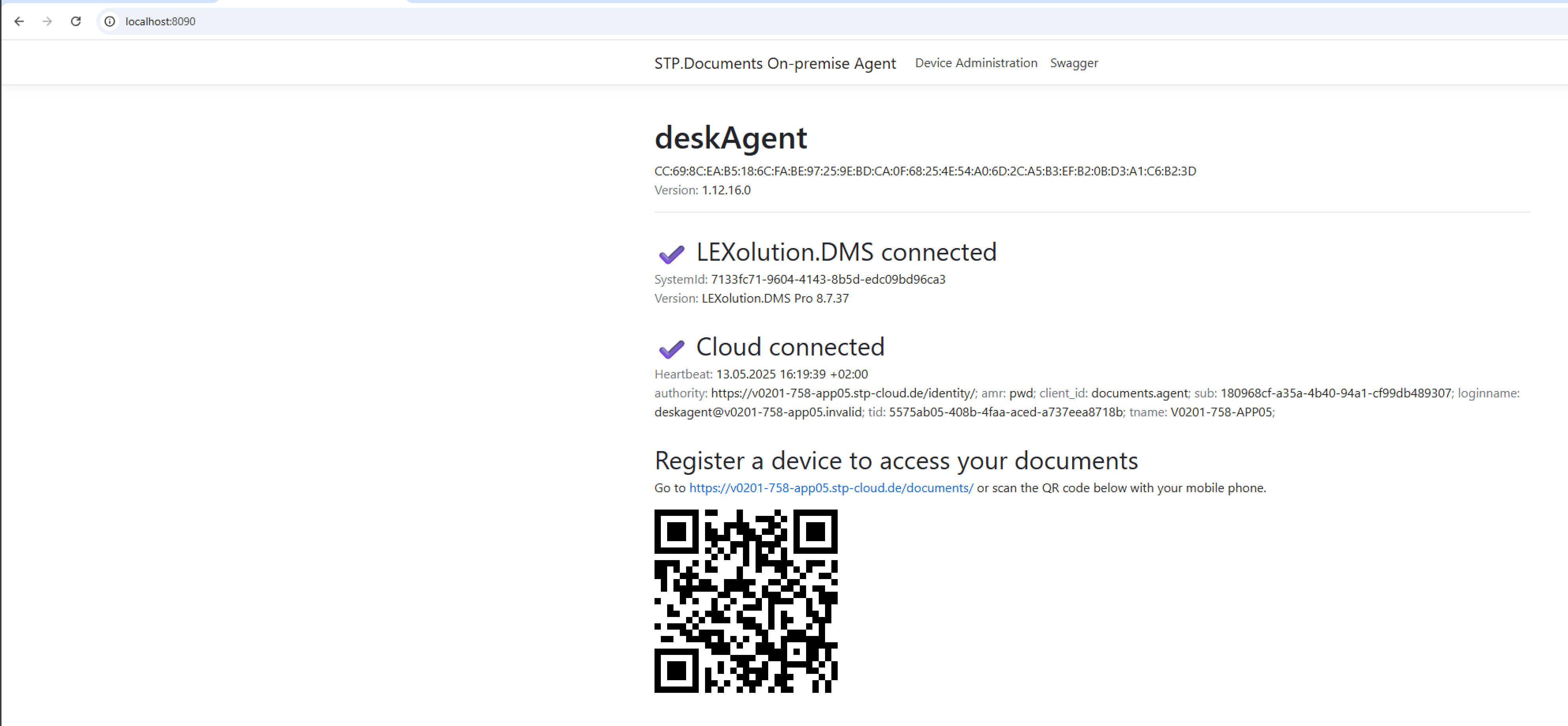 Screenshot des STP Documents OnPremiseAgent Web-Interfaces mit Statusanzeige. Hauptbereich zeigt Verbindungsstatus zu LEXolution.DMS und STP Cloud, beide mit grünem Symbol als verbunden markiert. Linke Navigation mit Übersicht und Protokolle.