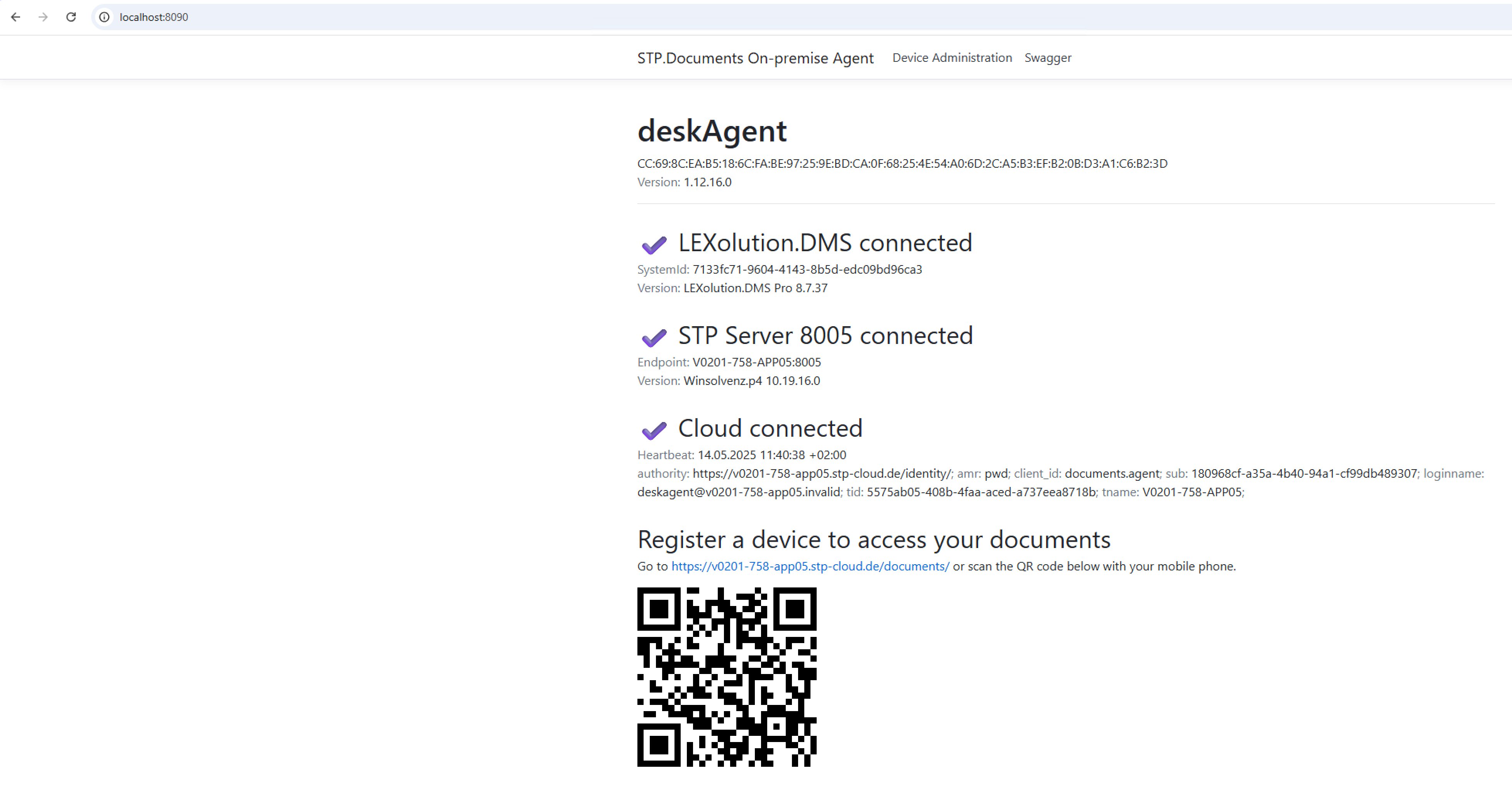 Statusseite des STP Documents OnPremiseAgent Web-Interfaces mit grünen Verbindungsanzeigen für LEXolution DMS, STP Cloud und STP Server 8005.