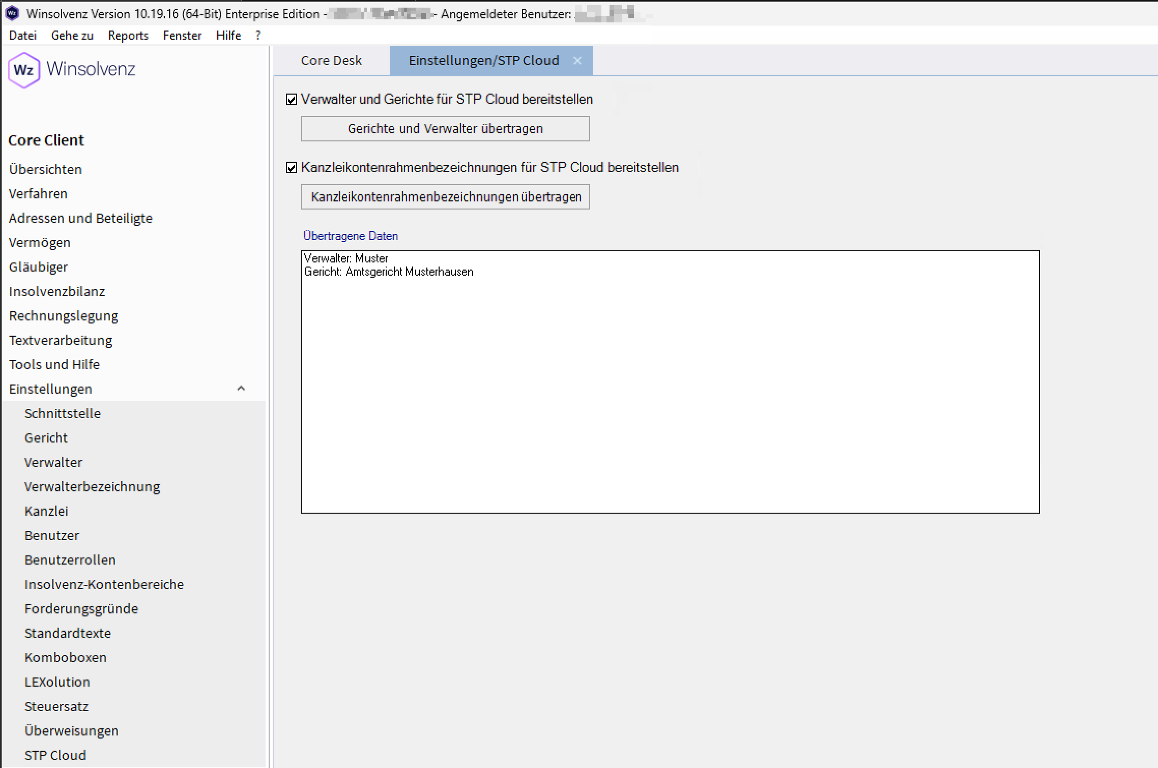 Screenshot der STP Cloud Einstellungen in Winsolvenz mit aktivierten Checkboxen für Gerichte und Verwalter übertragen sowie Kanzleikontenrahmenbezeichnungen übertragen. Das Ergebnis der Übertragung von Gerichte und Verwalter ist zu sehen.