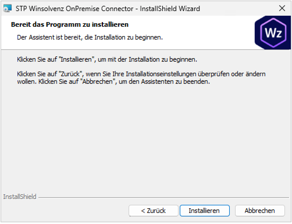 Installationsdialog mit Schaltflächen Zurück, Installieren und Abbrechen. Zusammenfassung der gewählten Optionen wie Installationsverzeichnis und Komponentenliste. Im Fenster steht: Das Setup ist bereit, STP Winsolvenz OnPremise Connector auf Ihrem Computer zu installieren.