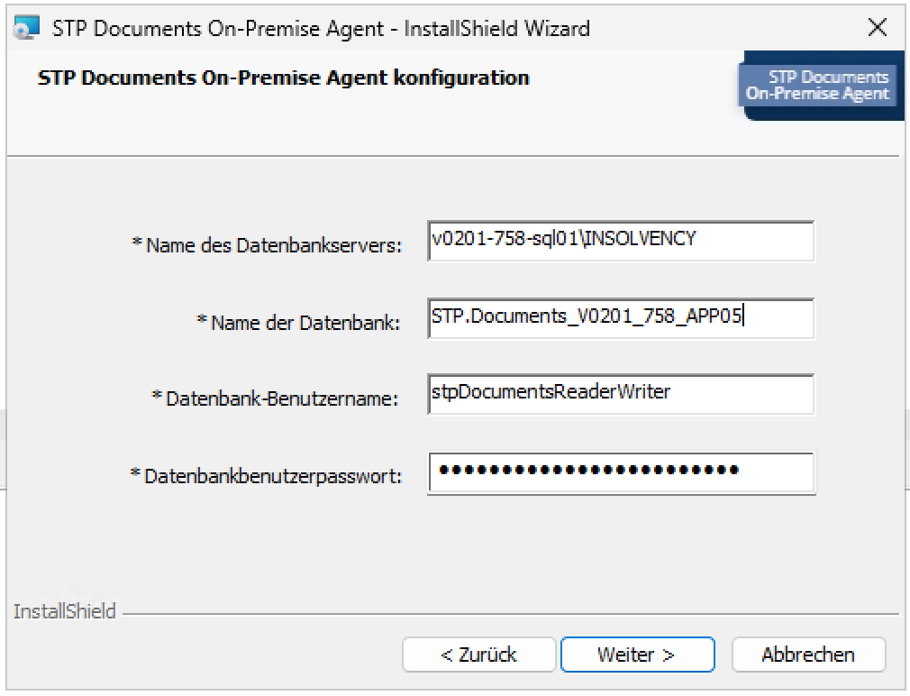 Dialog Datenbankverbindung konfigurieren im Installationsassistenten mit Feldern für Server, Datenbank, Benutzername und Passwort, sachliche Windows-Oberfläche.