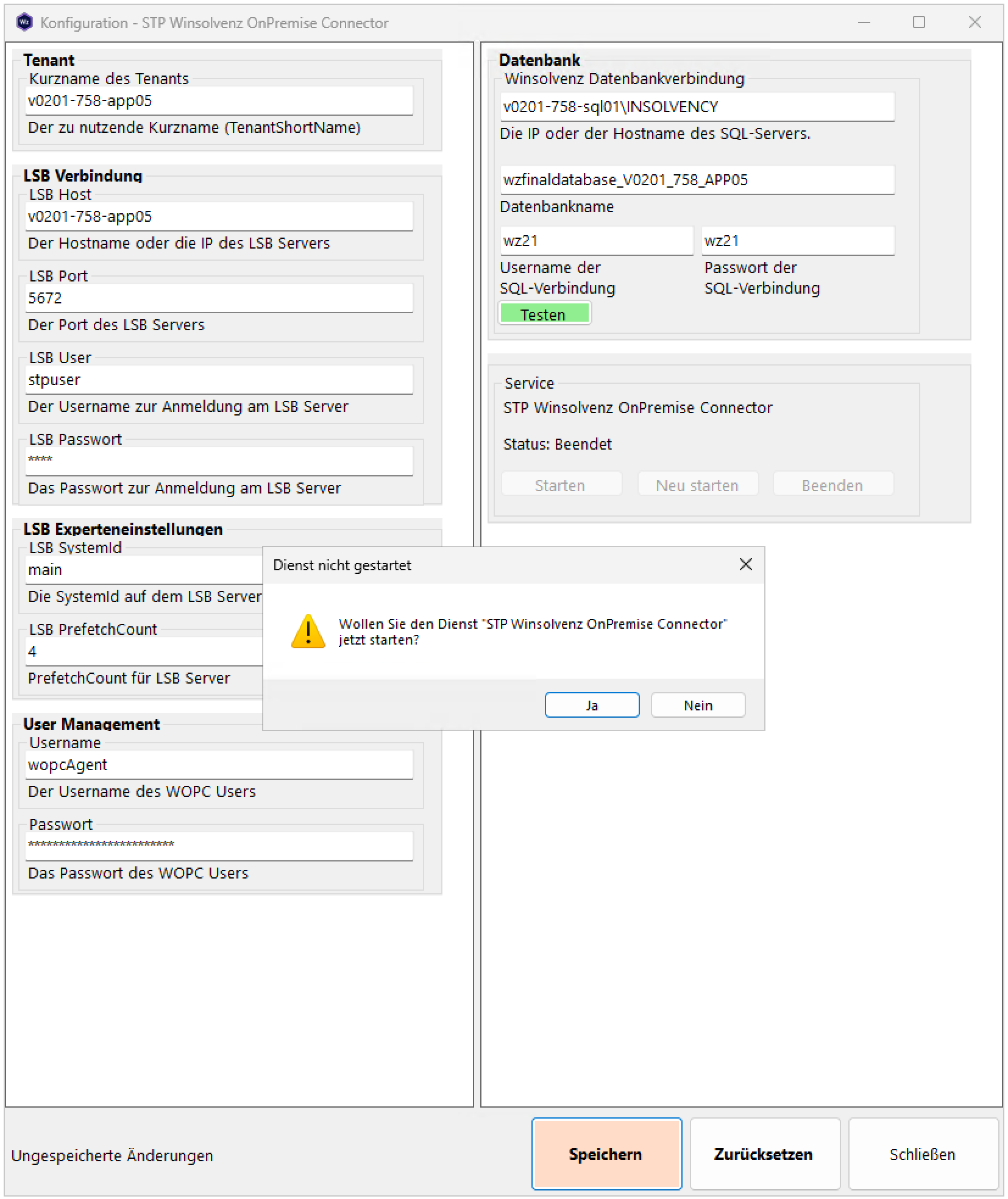 Konfigurationsfenster des STP Winsolvenz OnPremise Connector mit Feldern für Tenant, LSB, User Management und Datenbank. Unten sind die Schaltflächen Zurück, Speichern und Abbrechen.