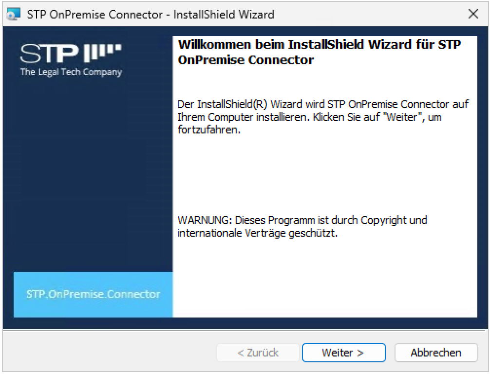 Screenshot des Installationsassistenten für den STP OnPremise Connector, der die Konfigurationsmaske zeigt. Das Fenster enthält Eingabefelder für Verbindungsdaten wie Hostname, Port, Benutzername und Passwort für LSB, User Management und Tenant. Die Benutzeroberfläche ist übersichtlich und geschäftlich gestaltet, mit einer Seitenleiste links und einem Hauptbereich mit beschrifteten Eingabefeldern sowie einem Weiter-Button.