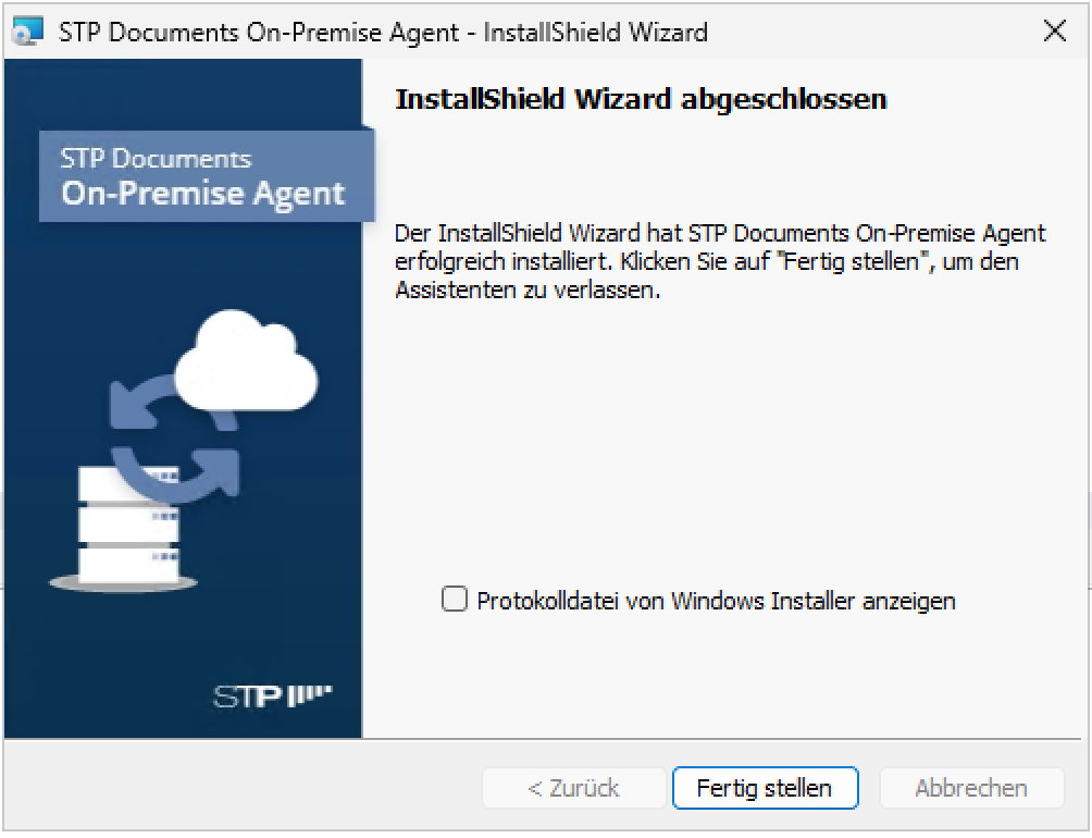 Installationsassistent meldet erfolgreiche Installation mit hervorgehobener Schaltfläche Fertigstellen auf neutraler Windows-Oberfläche.