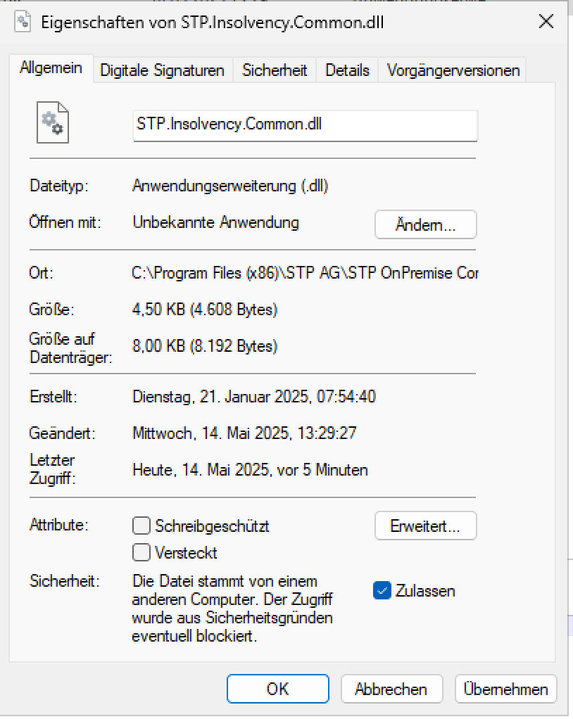 Screenshot des Eigenschaftsfenster einer DLL-Datei ist zu sehen. Die Checkbox Zulassen ist aktiviert.