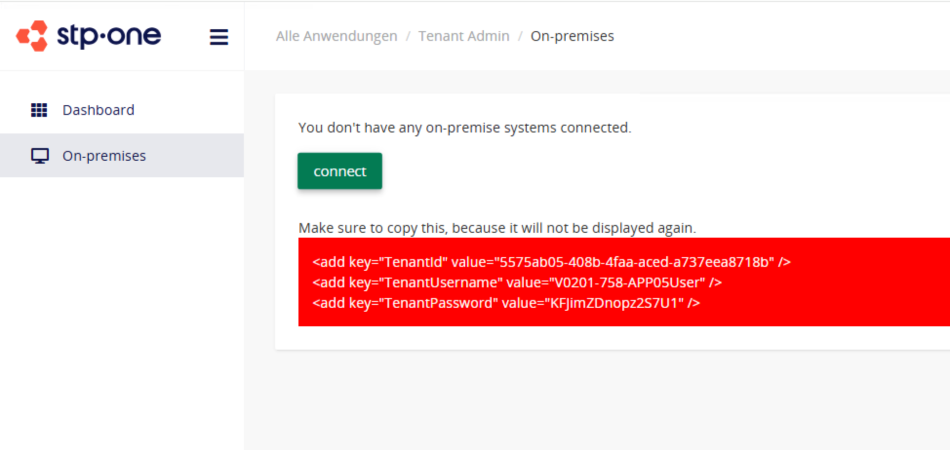STP Cloud Tenant Admin Oberfläche nach Klick auf Connect, zeigt einen Dialog mit Verbindungsdetails und Konfigurationswerten für die Einrichtung des On-Premise-Systems. Der Dialog enthält Felder für Hostname, Port, Benutzername und Passwort.