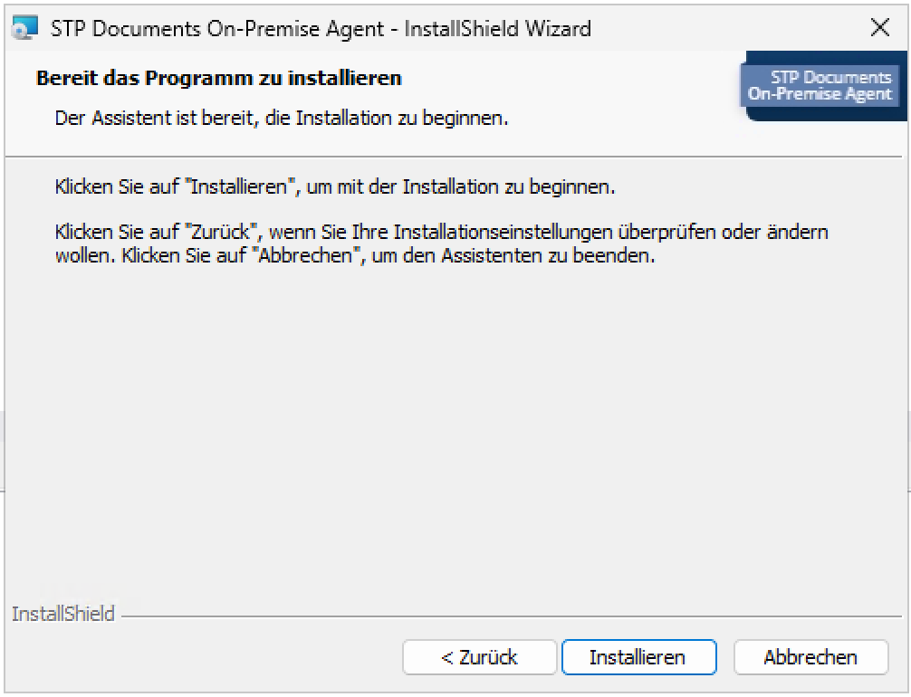 Installationsassistent zeigt Fortschrittsbalken mit Installation wird ausgeführt und Installation abgeschlossen, Schaltflächen Zurück, Installieren (hervorgehoben) und Abbrechen.