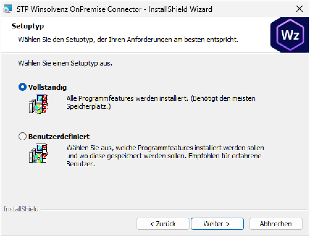 Setup-Fenster mit Auswahl zwischen Vollständig und Benutzerdefiniert als Installationsart. Unten befinden sich die Schaltflächen Zurück, Weiter und Abbrechen. Im Fenster steht: Wählen Sie den Setup-Typ, der am besten zu Ihren Anforderungen passt. Optionen: Vollständig und Benutzerdefiniert.