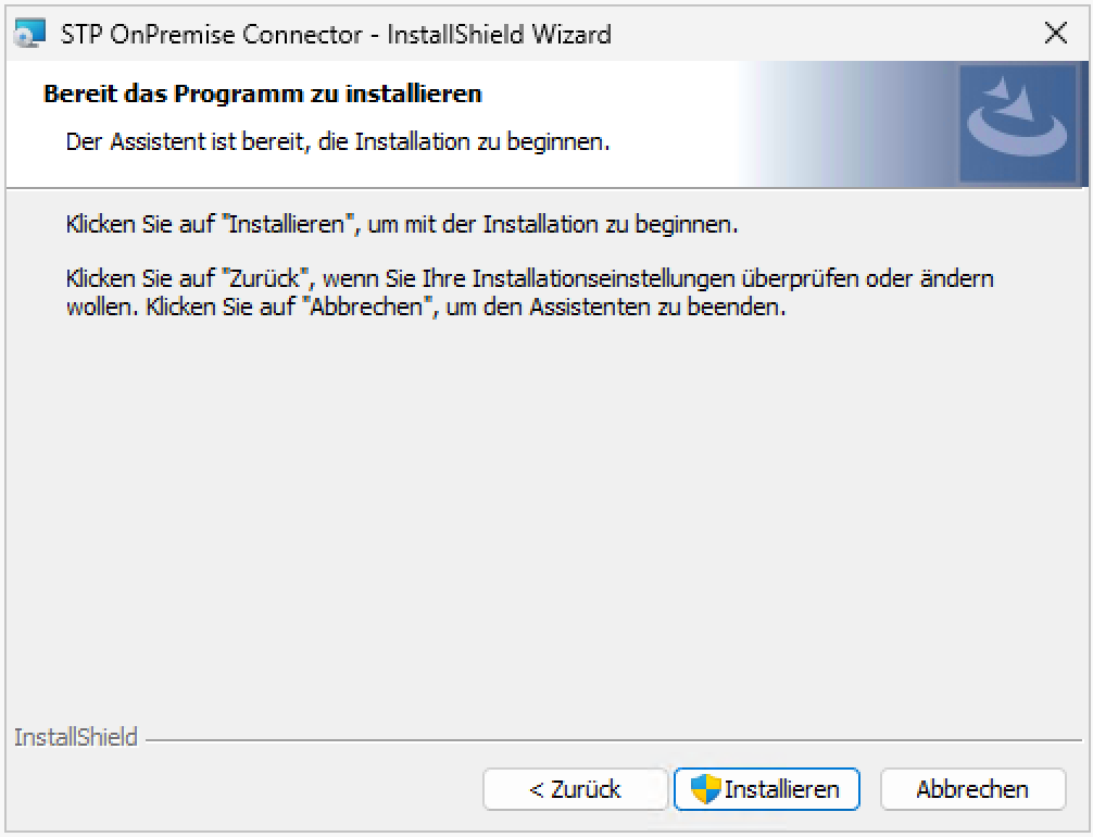 Installationsassistent für den STP OnPremise Connector mit Zusammenfassung der eingegebenen Konfigurationsdaten und den Schaltflächen Installieren und Zurück.