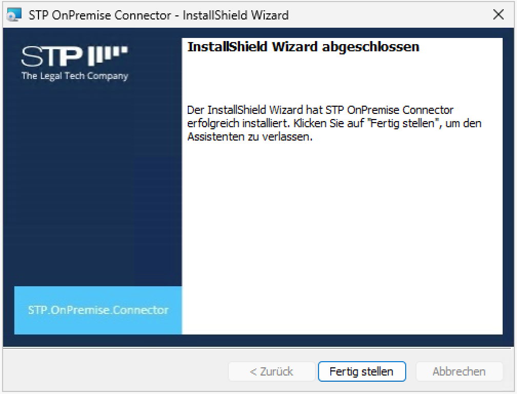 Bestätigungsdialog des STP OnPremise Connector Installationsassistenten mit der Nachricht Bitte überprüfen Sie Ihre Eingaben und klicken Sie auf Installieren um fortzufahren. Zwei Schaltflächen Installieren und Zurück sind sichtbar.