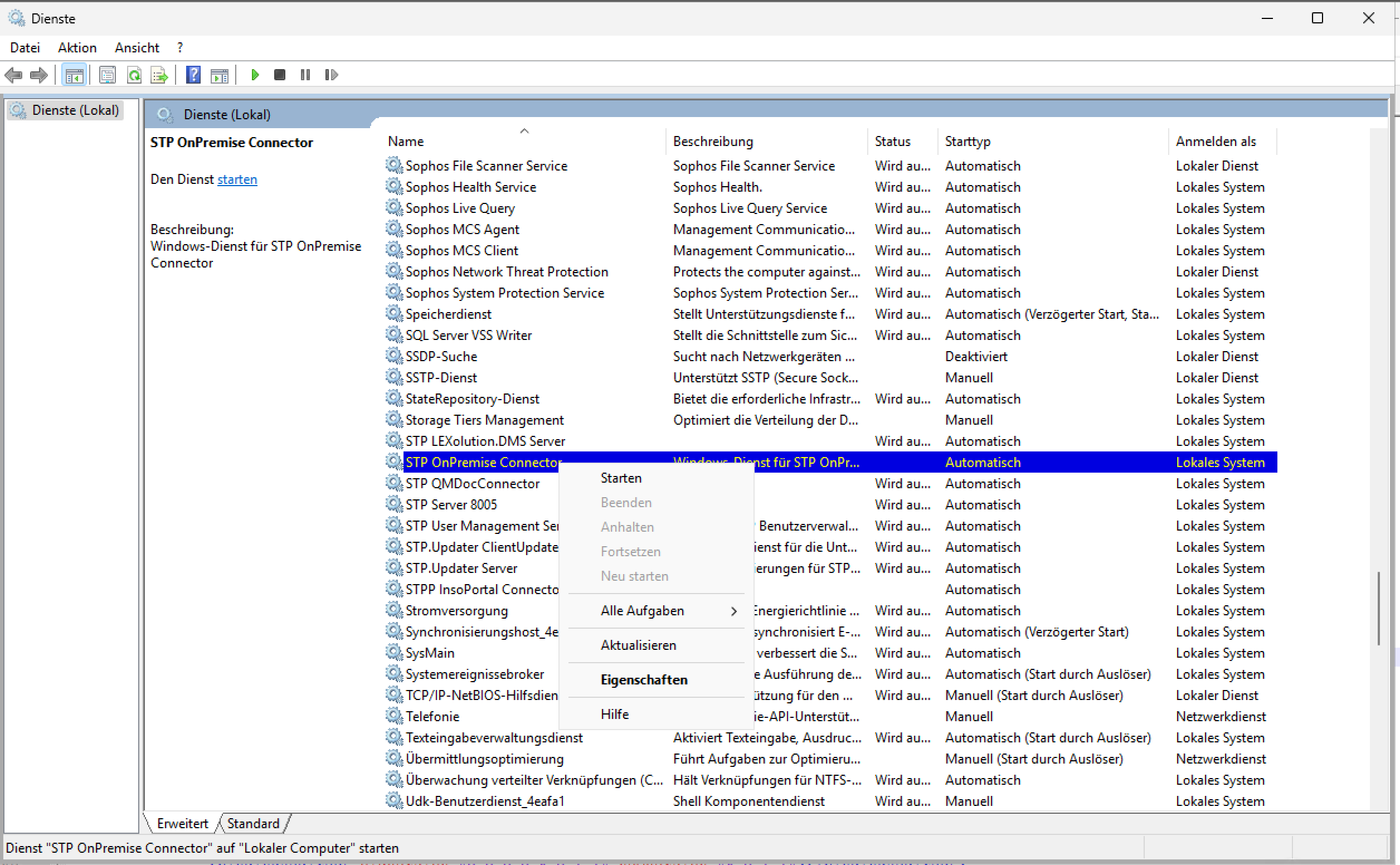 STP OnPremise Connector Dienst in der Windows-Diensteverwaltung.