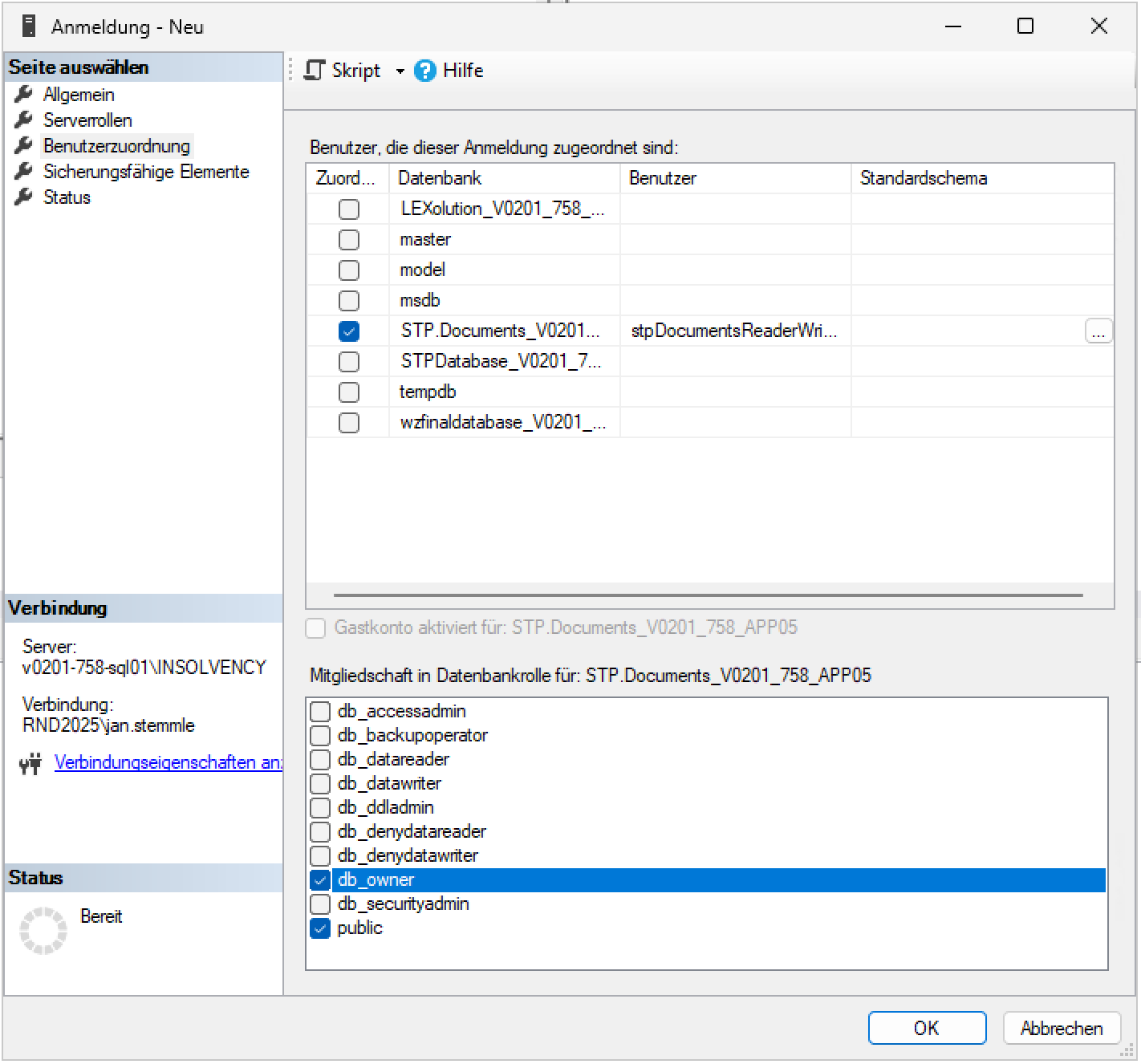 Dialog Benutzerzuordnung im SQL Server Management Studio mit aktivierter Option db_owner für die neue Datenbank. Die Umgebung zeigt das Fenster zur Zuweisung von Datenbankrollen an den Benutzer.