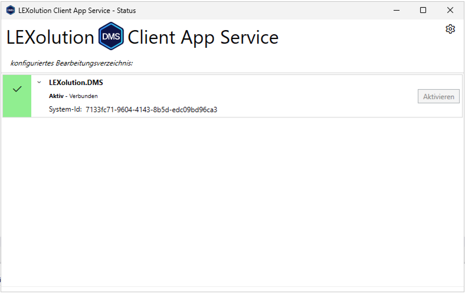 Fenster LCAS Status des LEXolution DMS Client App Service mit hervorgehobener Zeile System Id und dem dazugehörigen Wert. Das Fenster zeigt weitere Statusinformationen wie Verbindungsstatus und Serverinformationen.