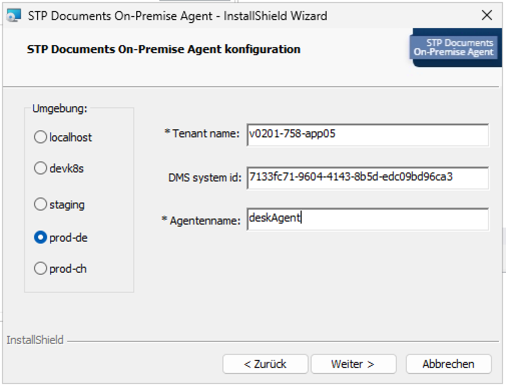 Installationsassistent STP Documents OnPremiseAgent – Schritt: Umgebung konfigurieren. Eingabefelder für Umgebung, Tenant Name, DMS System ID und Agentenname. Unten die Schaltflächen Zurück, Weiter und Abbrechen.
