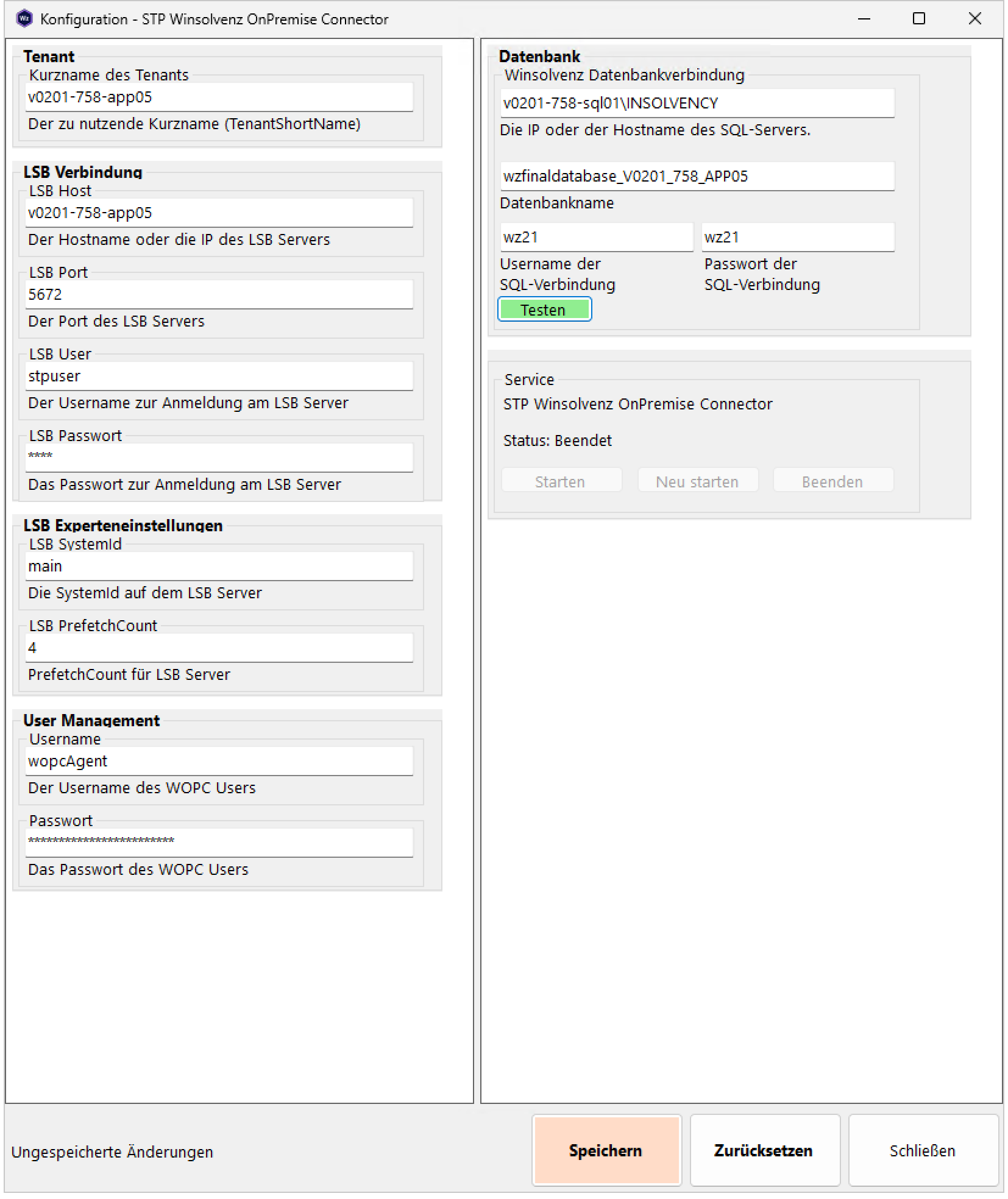 Konfigurationsfenster des STP Winsolvenz OnPremise Connector mit Eingabefeldern für Tenant, LSB, User Management und Datenbankeinstellungen sowie den Schaltflächen Zurück, Speichern und Abbrechen in einer typischen Windows-Installationsoberfläche.