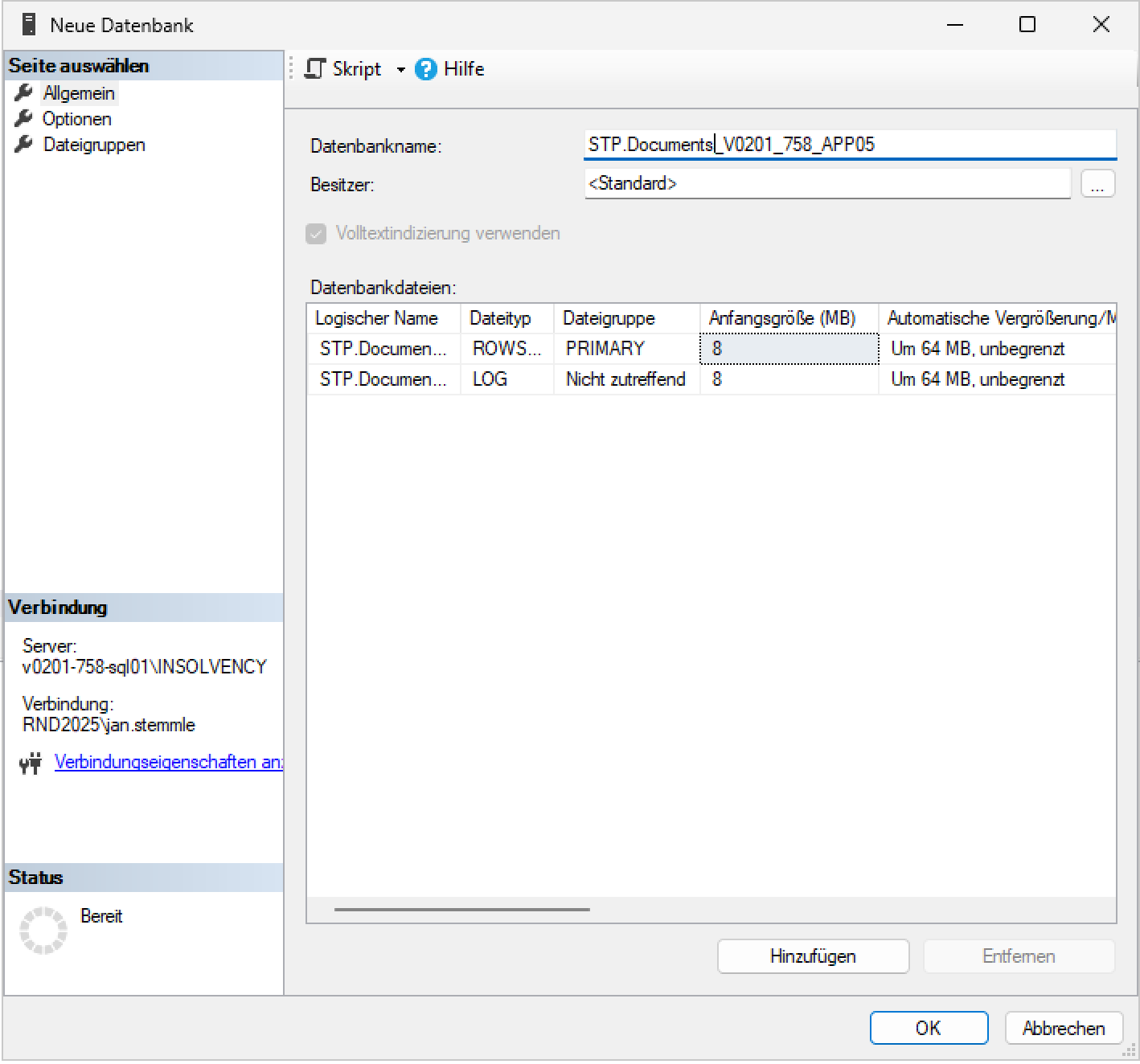 Screenshot der SQL Server Management Studio Oberfläche beim Anlegen einer neuen Datenbank für den STP Documents OnPremiseAgent. Im Objekt-Explorer ist der Knoten Datenbanken geöffnet, das Kontextmenü zeigt die Option Neue Datenbank.