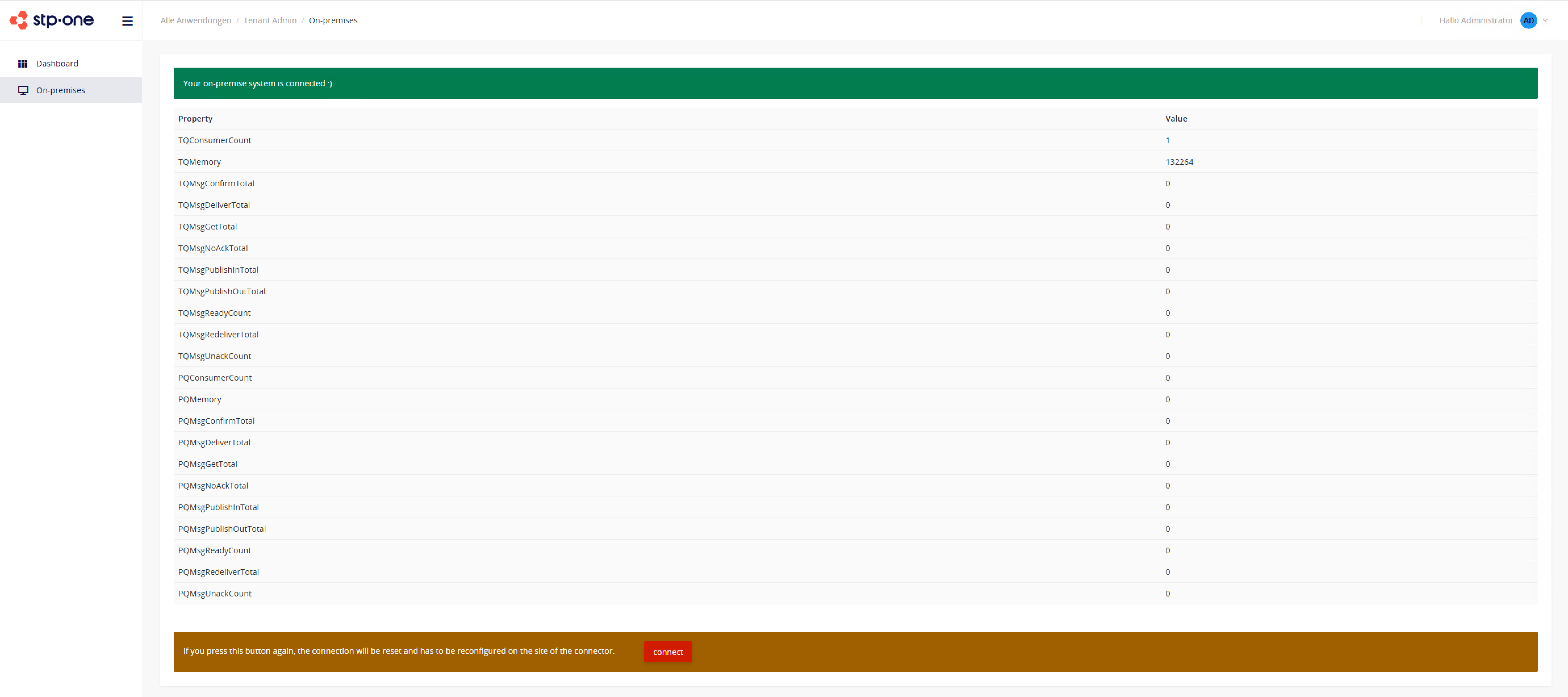Screenshot der STP Cloud On-premises-Seite mit grünem Statushinweis Verbunden und angezeigten Verbindungsdetails.