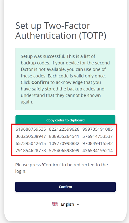 Backupcode Seite