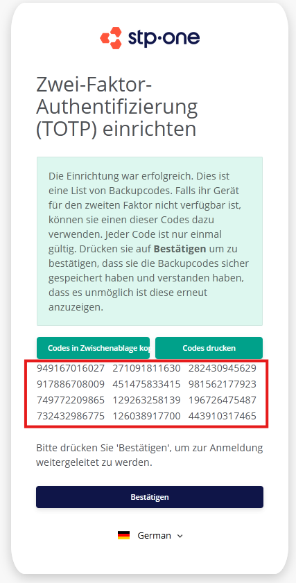Backup Code Page