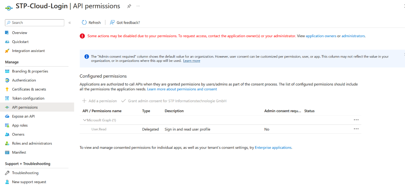 The permissions for the App