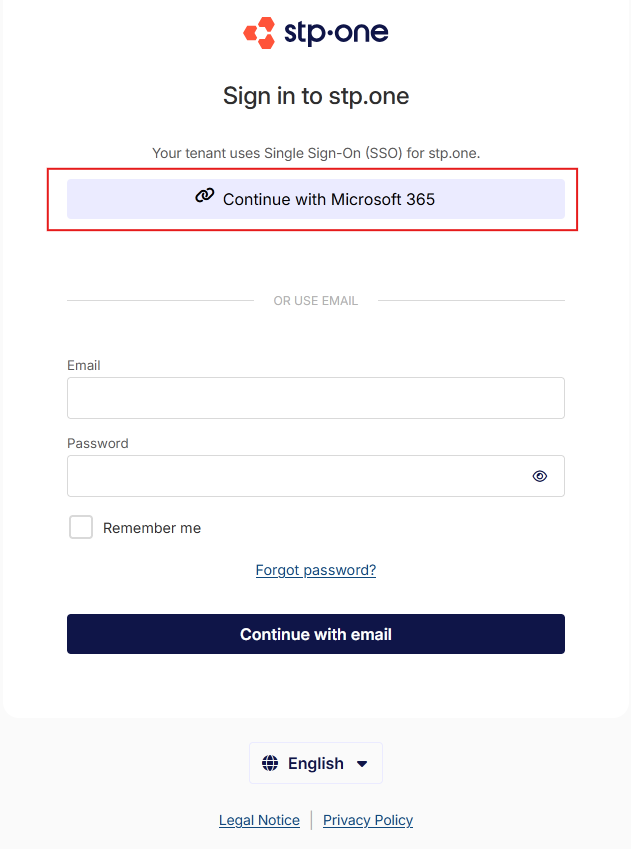 STP Cloud Login screen with “Microsoft 365” login button
