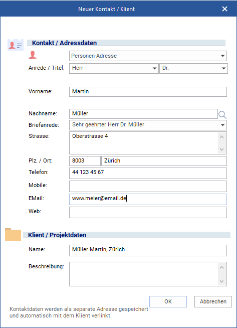 Dialog-Fenster "Neuer Kontakt/ Klient"