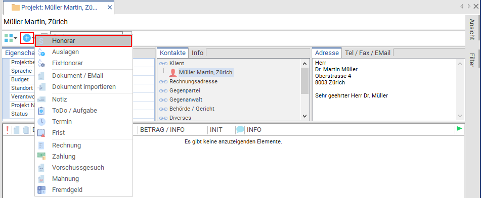 Quick-Add mit Option Honorar