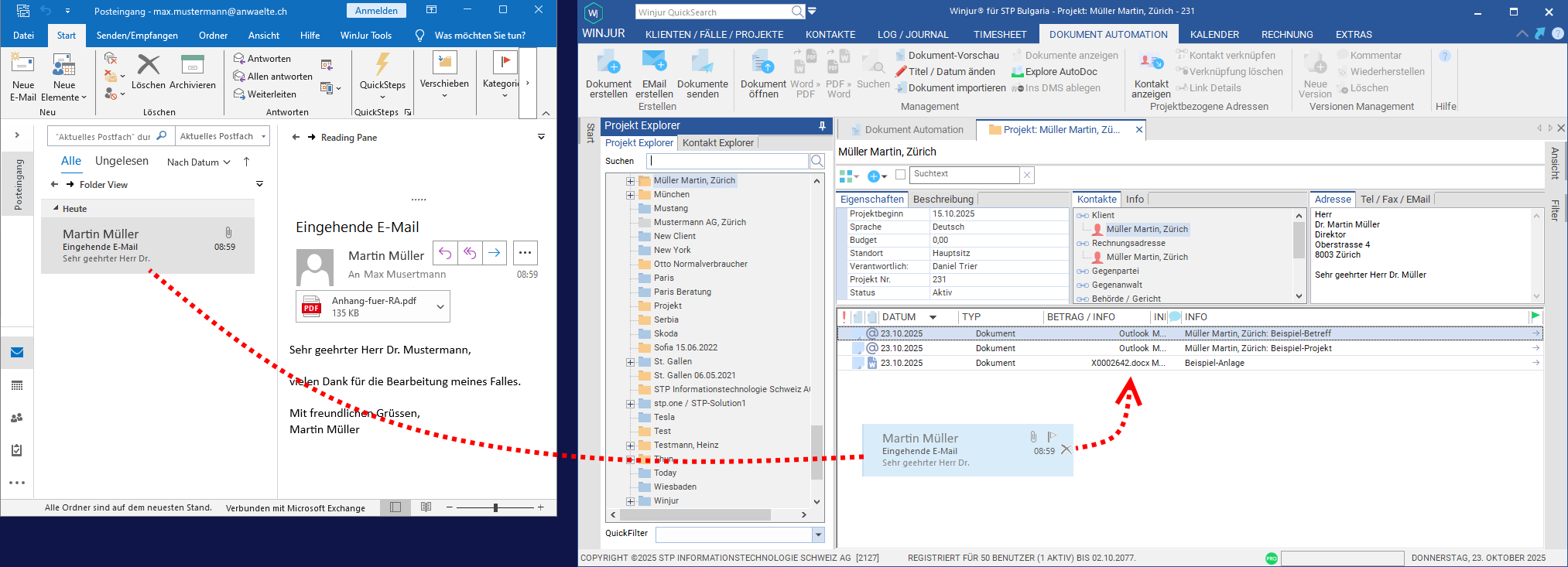 Drag-and-drop von MS Outlook nach Winjur