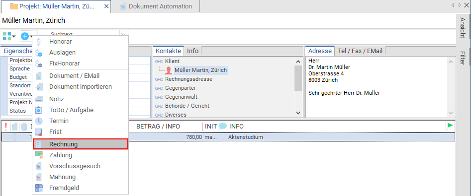 Quick Add mit Option Rechnung
