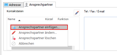Menü mit Option zum Anlegen eines Ansprechpartners