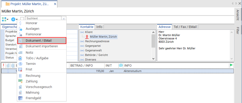 Quick-Add mit Option zum Erstellen von Dokumenten und E-Mails
