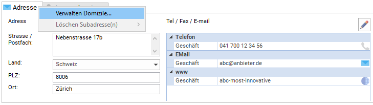 Option zum Verwalten von Domizilen