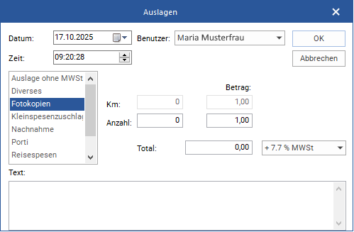 Das Fenster "Auslagen"
