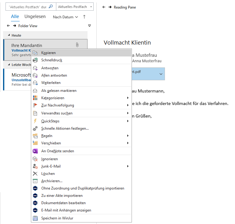 Kontextmenü in der E-Mail-Liste von MS Outlook