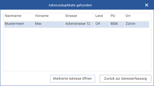 Das Fenster "Adressduplikate gefunden"