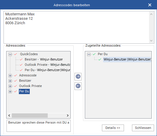 Das Fenster "Adress-Codes bearbeiten"
