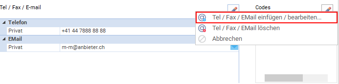Menü mit Option zum Bearbeiten des Kontakt-Daten-Bereichs
