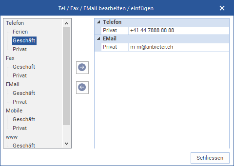 Das Fenster "Tel/ Fax/ EMail bearbeiten/ einfügen"