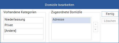 Das Fenster "Domizile bearbeiten"