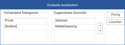 Das Fenster "Domizile bearbeiten"