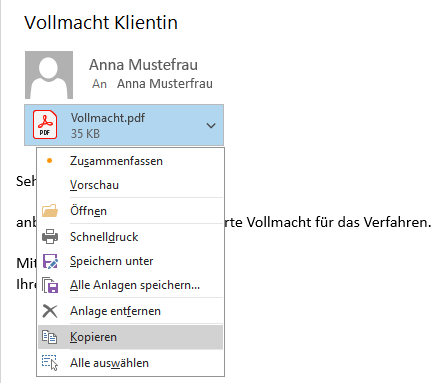 Kontextmenü vom E-Mail-Anhang in MS Outlook