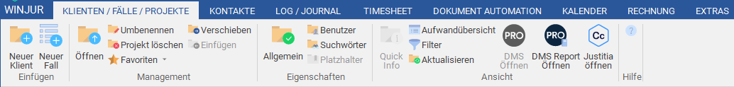 Das Menüband "Klienten/ Fälle/ Projekte"