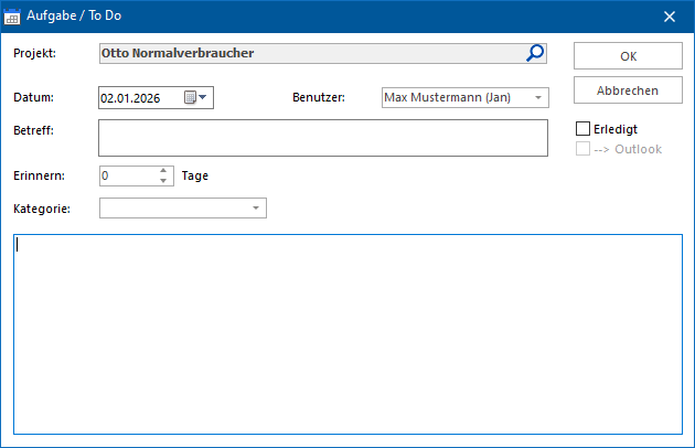 Das Fenster "Aufgabe / To Do"