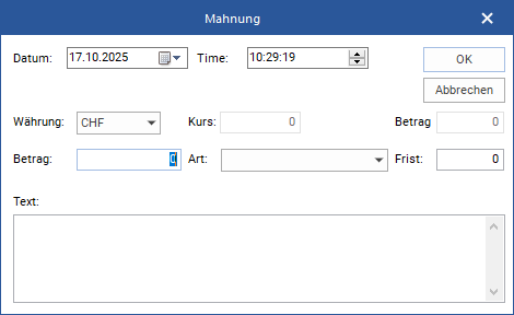Das Fenster "Mahnung"