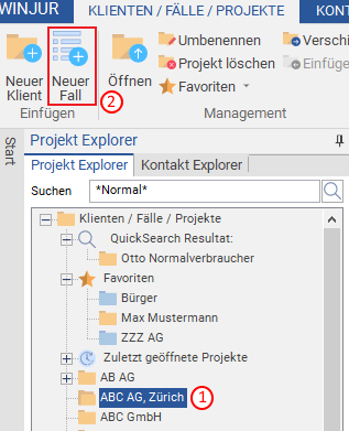 Schritt 1 zur Anlage eines neuen Falls