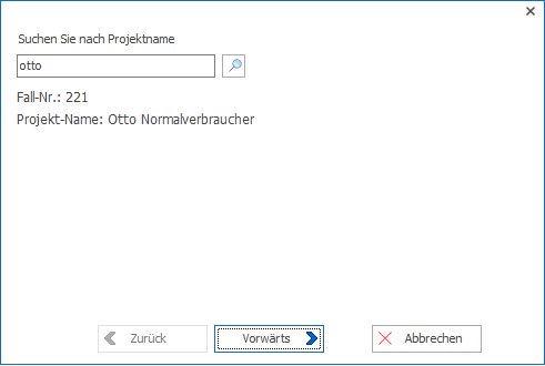 Das Fenster zur Projektnamen-Suche